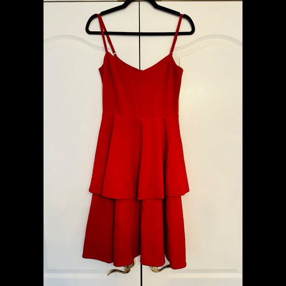 Dress the Population Red Yasmin Solid Sleeveless Peplum Tiered Fit & Flare XS - Picture 3 of 5